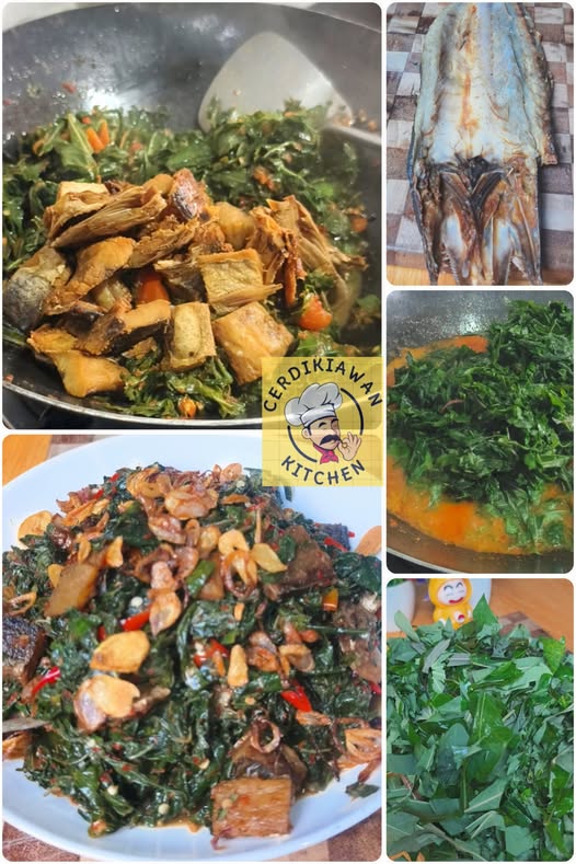 Tumis daun singkong ikan asin